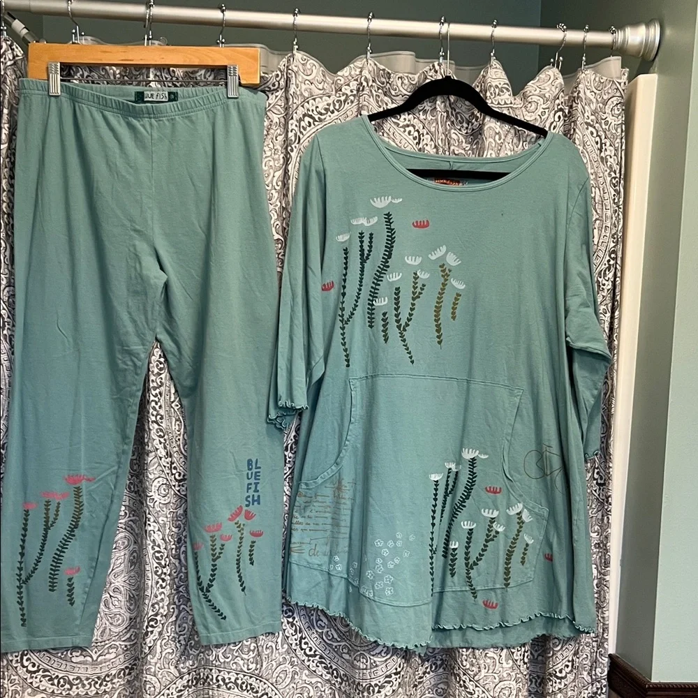 Blue Fish seafoam green/teal Floral Tunic & Pants Set - Green, Pink, White - Picture 1 of 14